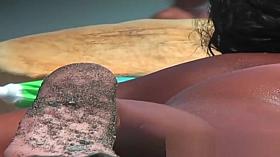 Sexy toned body walking naked on a crowded beach