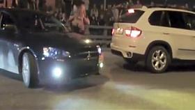 Hot Russian babe doing striptease on a race