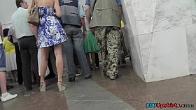 Red classic panties caught on the spy upskirt camera