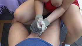 Mature Gives Handjob For The Gardener