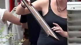 Watching her big boobs when she bends