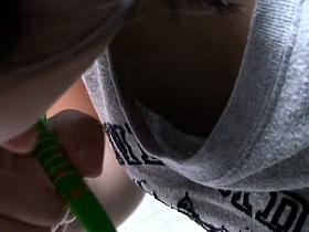 Puffy nippled Asian cutie stalked by a down blouse voyeur