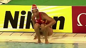 Fit water polo girls in pink swimsuits