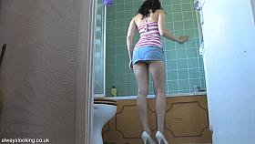 Cutie in mini skirt flashes in a genuine down blouse style