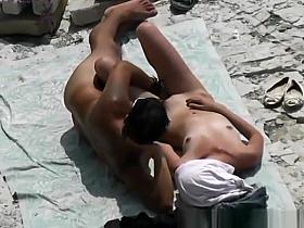 Skinny blonde fucked in rocky beach