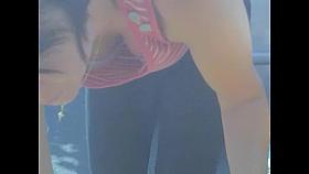 Dark haired girl and her shaggy tits in bra downblouse