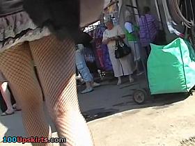 Golden-Haired's fishnet hose upskirt