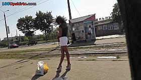 Babe in platform shoes and short skirt in upskirt vids