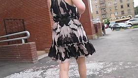 Stockings upskirt on a windy day