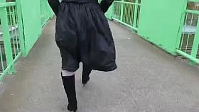 Girl in white stockings going up and down stairs