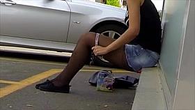 Candid - Babe In HotPants And Black Stockings