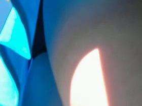 Stunning looking blonde babe in blue dress and voyeur