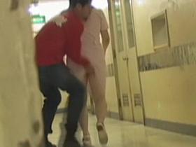 Nurse in uniform falls on knees when man sharks her bottom