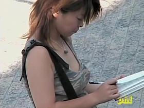 Noisy nerdy oriental angel flashes her boobies when some sharking guy lifts her shirt