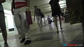 Unsuspecting brunette presents her upskirt goodies