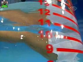 Blonde babe in red panties in TV show upskirts