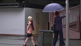 Petite blonde disgraced on the rain