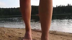 Pregnant hairy swims naked in the lake