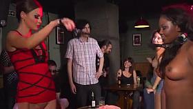 Ebony slave gets lezdom in public