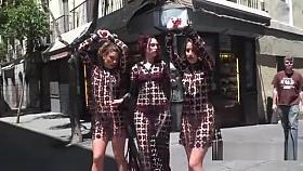 Two female slaves in femdom walked in public