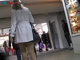Breathtaking blond in spy upskirt movie scene