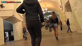 Upskirts in public with sexy girl in short jean skirt