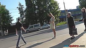 Thong upskirt shot of skinny buttocks of a slim babe