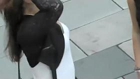 Charming bombshell has her giant hooters recorded from above