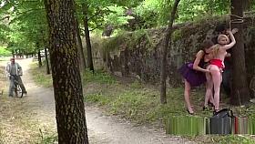 Busty slave anal plugged in public