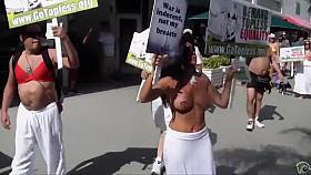 Topless protest on the Miami beach of Florida