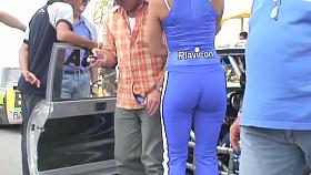 Super models show off their curvy asses on a car show