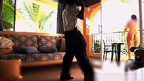 Exhibitionist hot naked woman attends worker