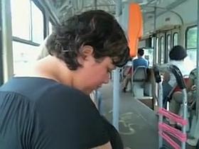 Chubby man is flashing his dick in the public transport