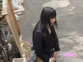 Black-haired teen babe getting fully revealed when sharking fella grabs her skirt