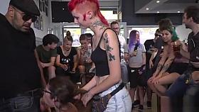 Babe walking dick on a stick in public