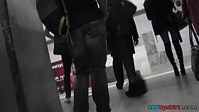 Upskirt in public with slender babe in sexy boots