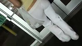 CUTE ASIAN GIRL IN WHITE SWEATPANTS THONG