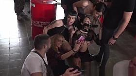 Tied up slave in biker shop fucked