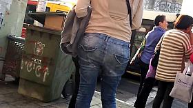 Tight jeans sexy ass with thong popping out walking