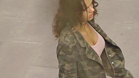 Braless street bigboob girl walking and bouncing