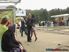Girlfriend upskirt on a bus stop