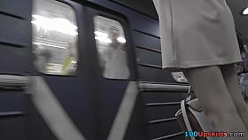 Upskirt porn with amateur brunette in a public place