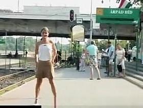 Nice girl flashing at the train station