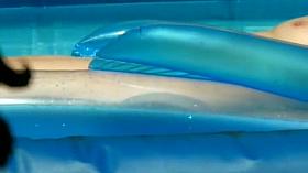 Naked girl creeped in an inflatable pool