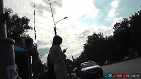 Brunette Hair in light costume upskirt on bus