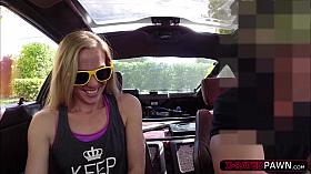 Blonde and sexy woman gets her pussy hammered trying to sell her car