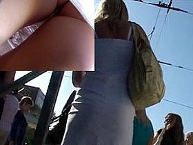 Upskirt view of tender costume