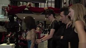 Babe in fetish dress gangbang fucked