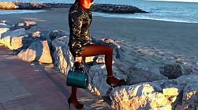 leather hotpants outside