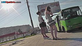 Alluring brunette wears mini skirt in upskirt porn